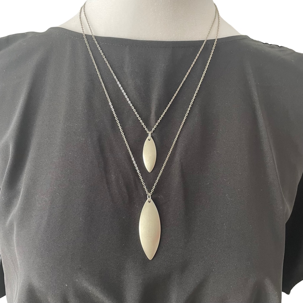 Silver Tone Double Strand Necklace Leaf Shaped Pendants
